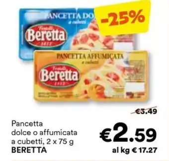 Unes Pancetta dolce o affumicata a cubetti, 2 x 75 g BERETTA offerta