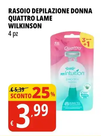 Tigros RASOIO DEPILAZIONE DONNA QUATTRO LAME WILKINSON 4 pz offerta