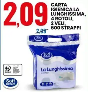 Eurospin CARTA IGIENICA LA LUNGHISSIMA, 4 ROTOLI, 2 VELI, 600 STRAPPI offerta