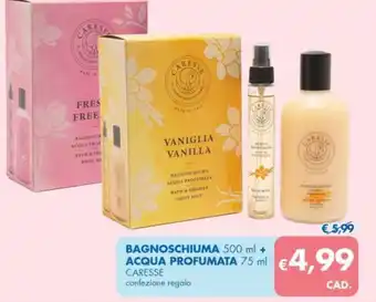 MD Discount BAGNOSCHIUMA 500 ml + ACQUA PROFUMATA 75 ml CARESSE offerta