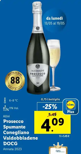 Lidl Allini Prosecco Spumante Conegliano Valdobbiadene DOCG 0,75 l bottiglia offerta