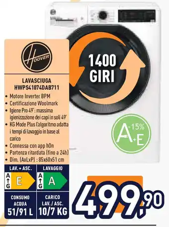 Unieuro HOOVER LAVASCIUGA HWPS41074DAB711 offerta