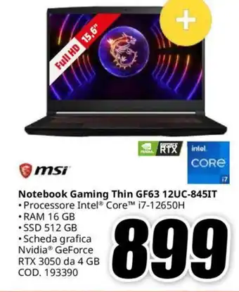 MediaWorld msi Notebook Gaming Thin GF63 12UC-845IT offerta