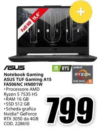 MediaWorld Notebook Gaming ASUS TUF Gaming A15 FA506NC HN001W offerta