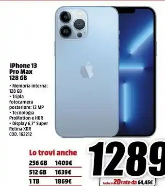 MediaWorld Iphone 13 pro max 128gb offerta