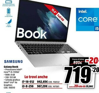 MediaWorld Galaxy book , 15.6”, windows 11 ready, intel core i5, 8 gb ram, 512 gb ssd, mystic silver offerta