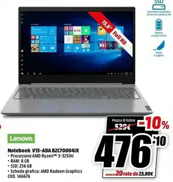 MediaWorld V15 ada computer portatile 39,6 cm (15.6") full hd amd ryzen 3 8 gb ddr4-sdram 256 gb ssd wi-fi 5 (802.11ac) windows 10 home offerta