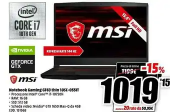 Gf63 thin computer portatile nero 39,6 cm (15.6") 1920 x 1080 pixel intel® core™ i7 di nona generazione 8 gb ddr4-sdram 512 g