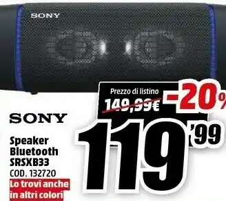 MediaWorld Sony srs xb33 - speaker bluetooth waterproof, cassa portatile con autonomia fino a 24 ore e effetti luminosi (nero) offerta