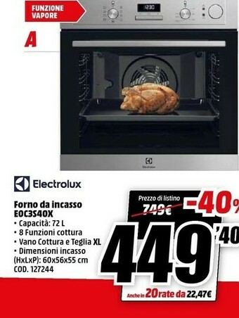 MediaWorld Eoc3s40x forno elettrico 72 l 2790 w acciaio inossidabile a offerta