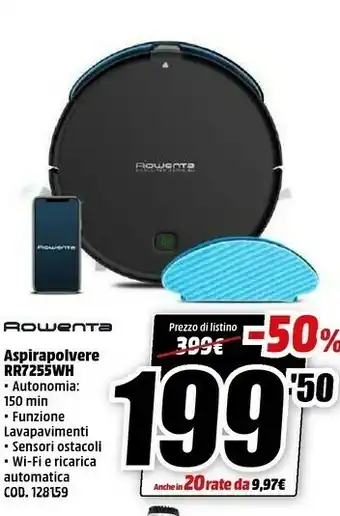 MediaWorld Rowenta explorer rr6825 serie 20 rr6825wh, robot aspirapolvere, 3 modalità di pulizia, fino a 150 minuti di autonomia, nero, offerta