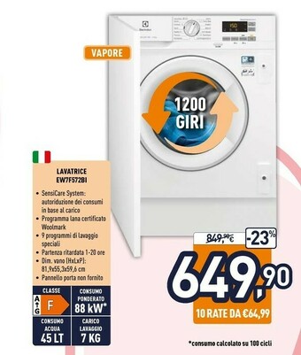 Unieuro Electrolux ew7f572bi lavatrice da incasso caricamento frontale bianco 7 kg 1200 giri/min a+++ offerta
