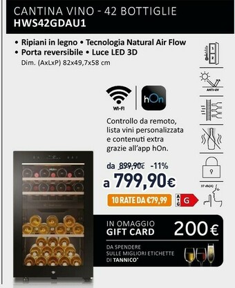 Unieuro Wine bank 50 serie 7 hws42gdau1 cantinetta vino con compressore libera installazione nero 42 bottiglia/bottiglie offerta