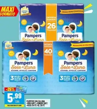 Risparmio Casa PAMPERS SOLE&LUNA MIDI 40PZ JUNIOR 30PZ MAXI 34 PZ-XL 26 PZ offerta