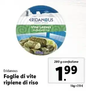 Lidl Eridanous Foglie di vite ripiene di riso 280 g confezione offerta