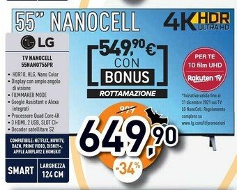 Unieuro Nanocell 55nano756pr tv 139,7 cm (55") 4k ultra hd smart tv wi-fi nero offerta