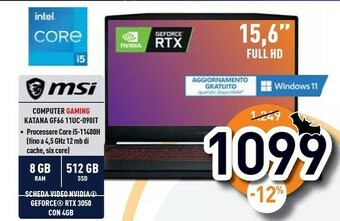 Unieuro Msi katana gf66 11uc-090it computer portatile 39,6 cm (15.6") full hd intel® core™ i5 di undicesima generazione 8 gb ddr4-sdr offerta