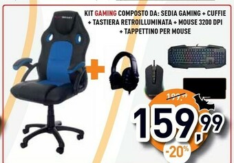 Unieuro Kit gaming composto da sedia gaming + cuffie + tastiera retroilluminata + mouse 3200 dpi + tappettino per mouse offerta