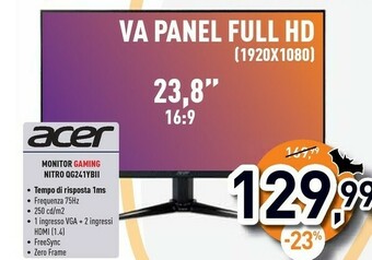 Unieuro Monitor gaming nitro qg241ybii offerta