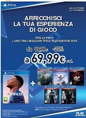 Unieuro Fifa 22 ps4 + gioca di scelta ps hits offerta