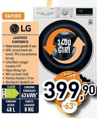 Unieuro F4wv508s1e lavatrice intelligente aidd 8kg vapore turbowash 1400 giri/min carica frontale classe c offerta