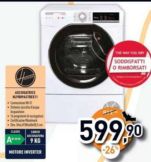 Hoover link x-care hlpb h9a3tbex-11 asciugatrice libera installazione  caricamento frontale 9 kg a+++ bianco offerta di Unieuro