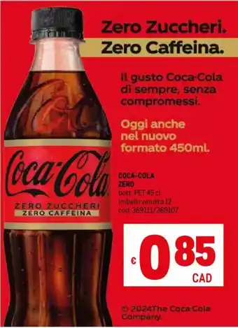 Metro COCA-COLA ZERO bott. PET 45 cl imballo vendita 12 cod. 369111/369107 offerta