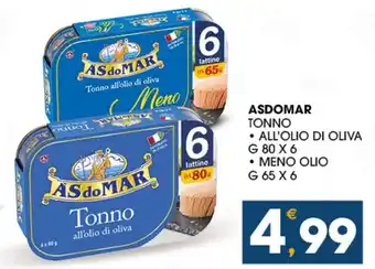 SeBón Supermercati ASDOMAR TONNO • ALL'OLIO DI OLIVA G 80 X 6 • MENO OLIO G 65 X 6 offerta