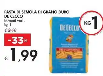 Bennet PASTA DI SEMOLA DI GRANO DURO DE CECCO formati vari, kg 1 offerta