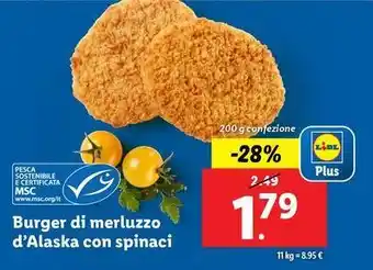 Lidl Burger di merluzzo d'Alaska con spinaci 200 g confezione offerta