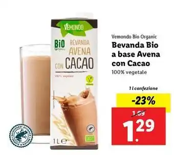 Lidl Vemondo Bio Organic Bevanda Bio a base Avena con Cacao 100% vegetale 1 l confezione offerta