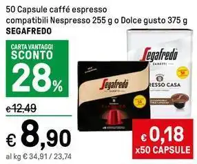 Iper La Grande 50 Capsule caffé espresso compatibili Nespresso 255 g o Dolce gusto 375 g SEGAFREDO offerta