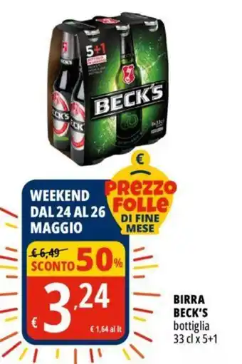 Tigros BIRRA BECK'S bottiglia 33 cl x 5+1 offerta