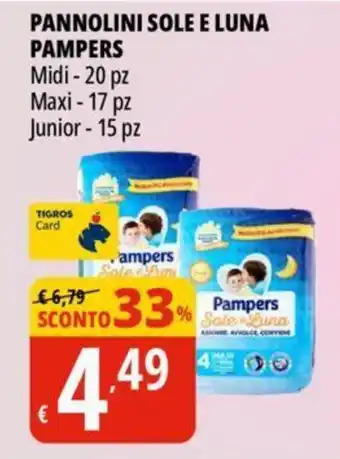 Tigros PANNOLINI SOLE E LUNA PAMPERS Midi - 20 pz Maxi - 17 pz Junior - 15 pz offerta