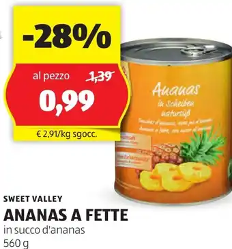 ALDI SWEET VALLEY ANANAS A FETTE in succo d'ananas 560 g offerta