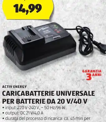 ALDI ACTIV ENERGY CARICABATTERIE UNIVERSALE PER BATTERIE DA 20 V/40 V offerta