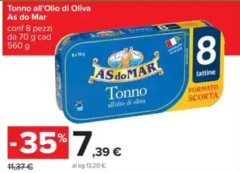 Carrefour Tonno all'Olio di Oliva As do Mar conf 8 pezzi da 70 g cad 560 g offerta