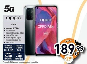 Unieuro A54 5g a54 smartphone 5g, 193g, display 6.5" fhd+ 90hz, 4 fotocamere 48mp, ram 4gb+rom 64gb, batteria 5000mah, ricarica rapid offerta