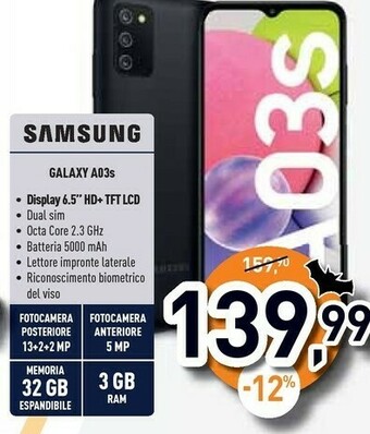 Unieuro Galaxy a03s 5.000mah display 6.5” hd+ tft lcd 32gb blue offerta