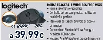 Unieuro Ergo m575 mouse mano destra wireless a rf + bluetooth trackball 2000 dpi offerta