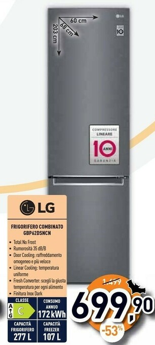 Unieuro Gbp62dsngn frigorifero con congelatore libera installazione 384 l d grafite offerta