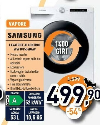 Unieuro Ww10t534daw lavatrice 10kg ecodosatore ai control libera installazione caricamento frontale 1400 giri/min bianco offerta