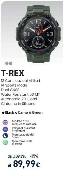 Unieuro T-rex amoled 3,3 cm (1.3") verde gps (satellitare) offerta