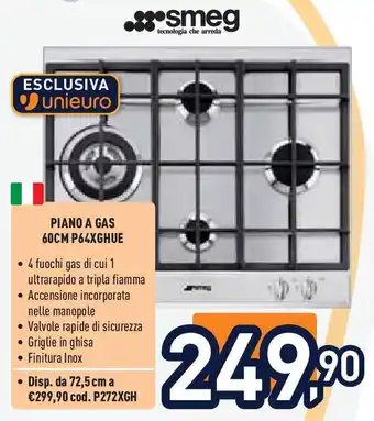 Unieuro smeg PIANO A GAS 60CM P64XGHUE offerta