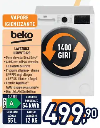Unieuro beko LAVATRICE URBWT312S offerta
