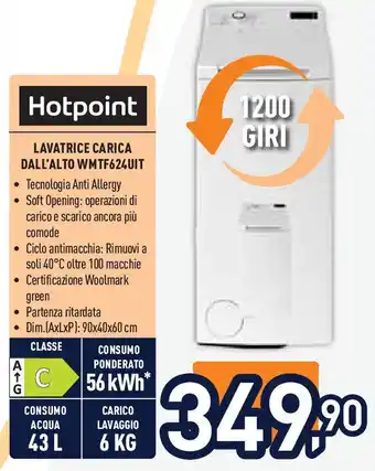 Unieuro Hotpoint LAVATRICE CARICA DALL'ALTO WMTF624UIT offerta