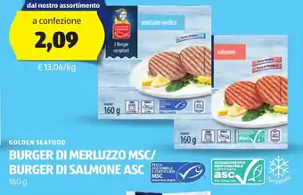 ALDI GOLDEN SEAFOOD BURGER DI MERLUZZO MSC/ BURGER DI SALMONE ASC 160 g offerta