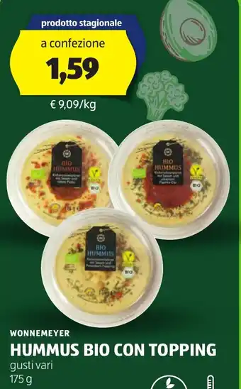 ALDI WONNEMEYER HUMMUS BIO CON TOPPING gusti vari 175 g offerta