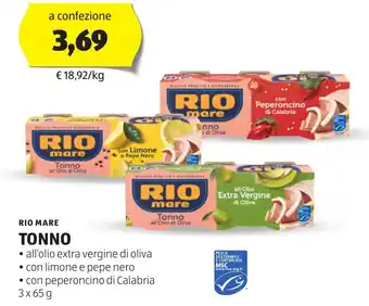 ALDI RIO MARE TONNO all'olio extra vergine di oliva con limone e pepe nero 3 x 65 g offerta