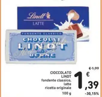 Spazio Conad CIOCCOLATO LINDT fondente classico, latte ricetta originale 100 g offerta